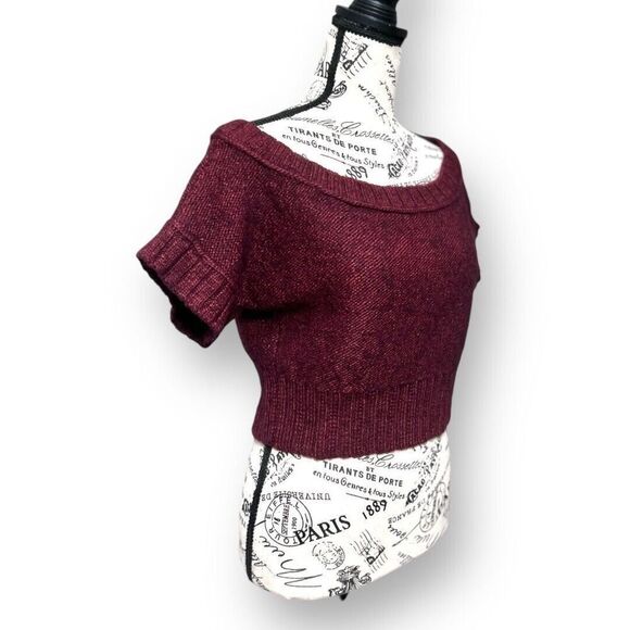 Hollister M Maroon Wool Blend Sweater Cropped Knit Boat Neck Short Sleeve Top - Picture 7 of 12